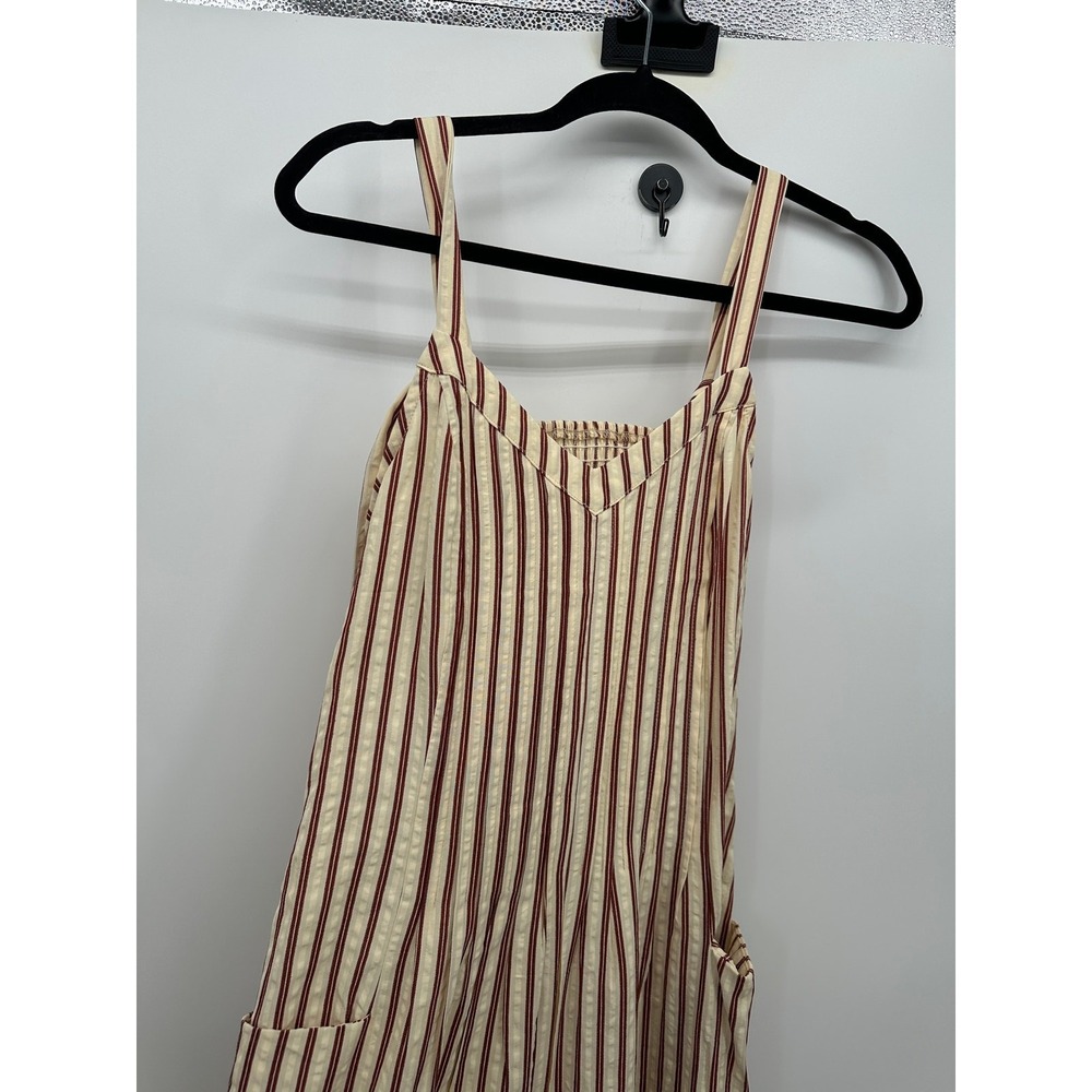 Cream Red Striped Romper Jumpsuit Size M Pockets Oversized Boho Open Back - Picture 5 of 7